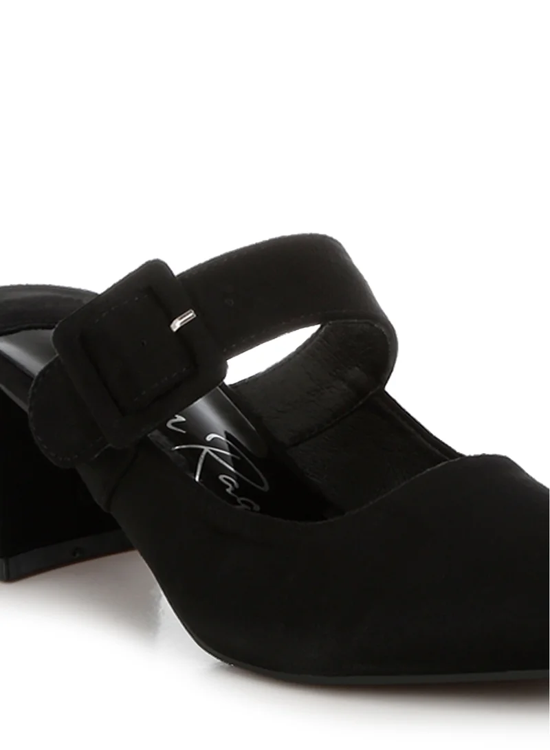 London Rag Buckle Strap Detail Microfiber Mules in Black