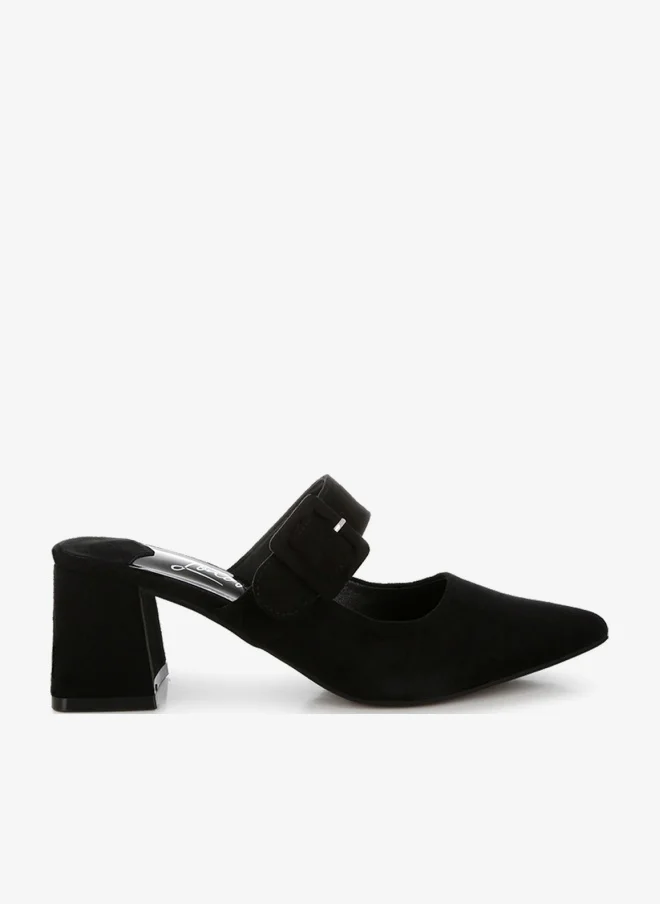 Buckle Strap Detail Microfiber Mules in Black