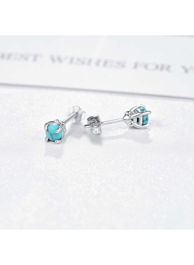 Cuoka Turquoise Studs Earrings, 925 Sterling Silver Round Shape Tiny Studs, Turquoise Jewelry Mother Day Gift for Women Daughter Girlfriend with Gift Box-4mm 6mm, Metal, Turquoise - Image 3