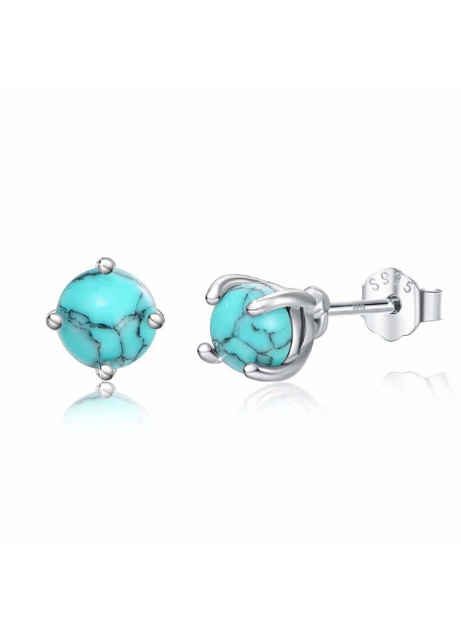 Cuoka Turquoise Studs Earrings, 925 Sterling Silver Round Shape Tiny Studs, Turquoise Jewelry Mother Day Gift for Women Daughter Girlfriend with Gift Box-4mm 6mm, Metal, Turquoise - Image 1
