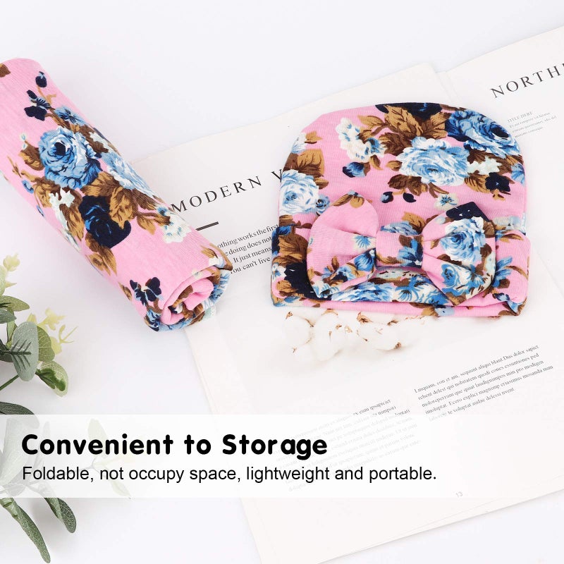 DRESHOW BQUBO Newborn Receiving Blanket with Bow Hat Set Flower Print Baby Swaddle Blanket with Beanie Nursery Swaddle Wrap - Image 4