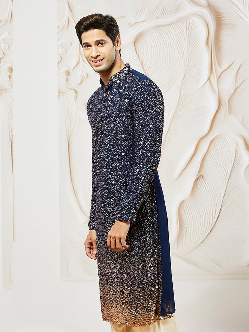 VASTRAMAY Men's Navy Blue Georgette Kurta, All Over sequinced in Ombre Design Kurta for Weddings & Festivals, Traditional Indian Wear - Image 2