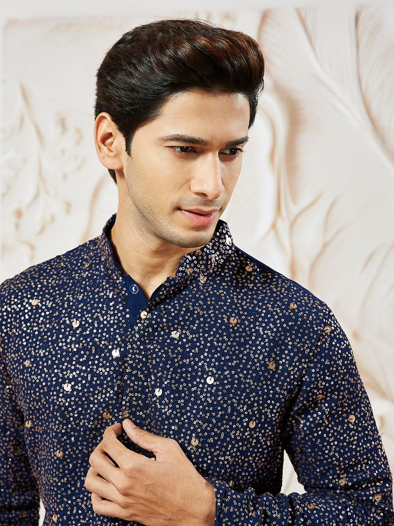 VASTRAMAY Men's Navy Blue Georgette Kurta, All Over sequinced in Ombre Design Kurta for Weddings & Festivals, Traditional Indian Wear - Image 3