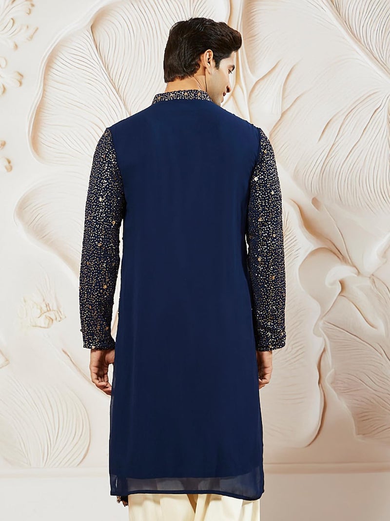 VASTRAMAY Men's Navy Blue Georgette Kurta, All Over sequinced in Ombre Design Kurta for Weddings & Festivals, Traditional Indian Wear - Image 4