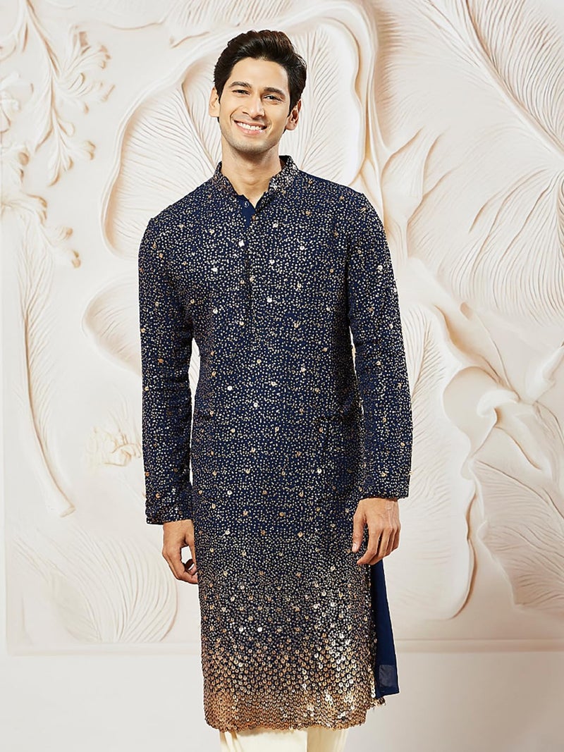 VASTRAMAY Men's Navy Blue Georgette Kurta, All Over sequinced in Ombre Design Kurta for Weddings & Festivals, Traditional Indian Wear - Image 5