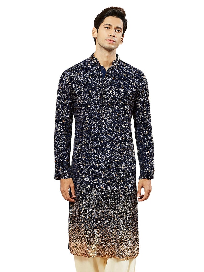 VASTRAMAY Men's Navy Blue Georgette Kurta, All Over sequinced in Ombre Design Kurta for Weddings & Festivals, Traditional Indian Wear - Image 1