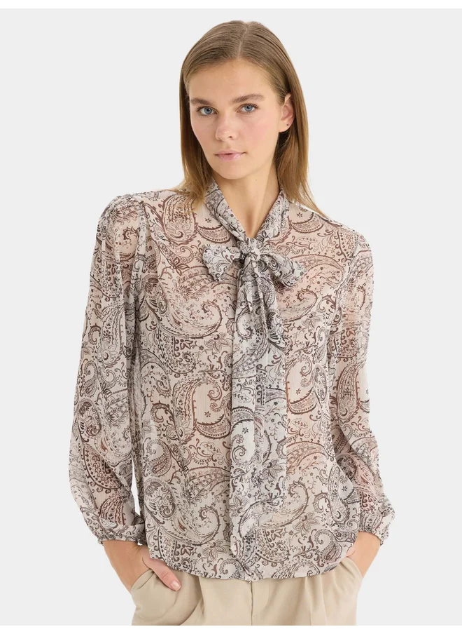 DeFacto DeFacto Regular Fit Bow Collar Shawl Patterned Chiffon Long Sleeve Shirt
