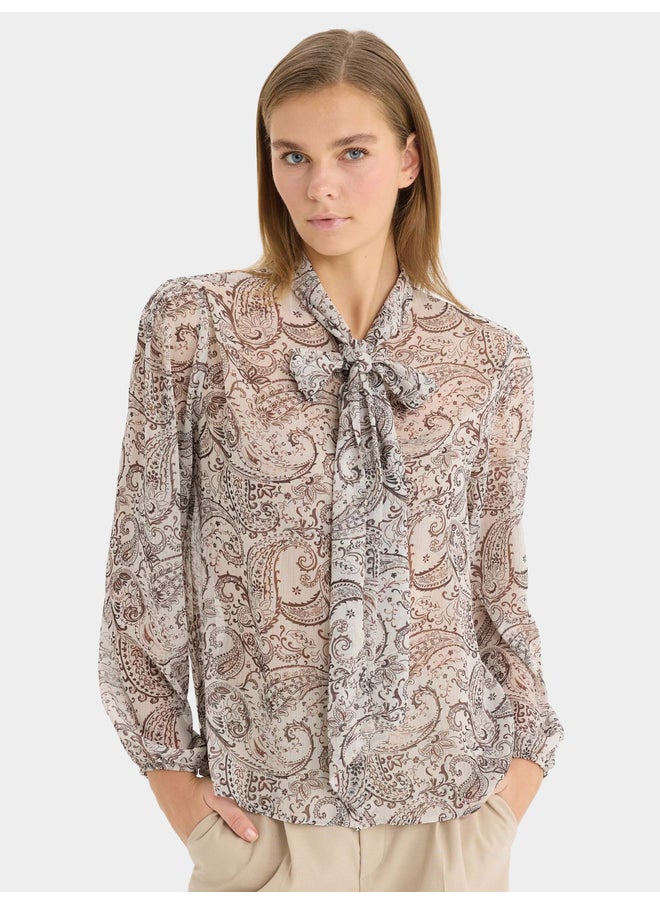 DeFacto DeFacto Regular Fit Bow Collar Shawl Patterned Chiffon Long Sleeve Shirt  - Image 1