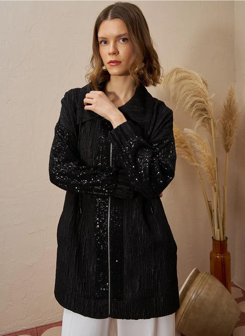 Kayra Sequin-Trimmed Jacquard Jacket Black