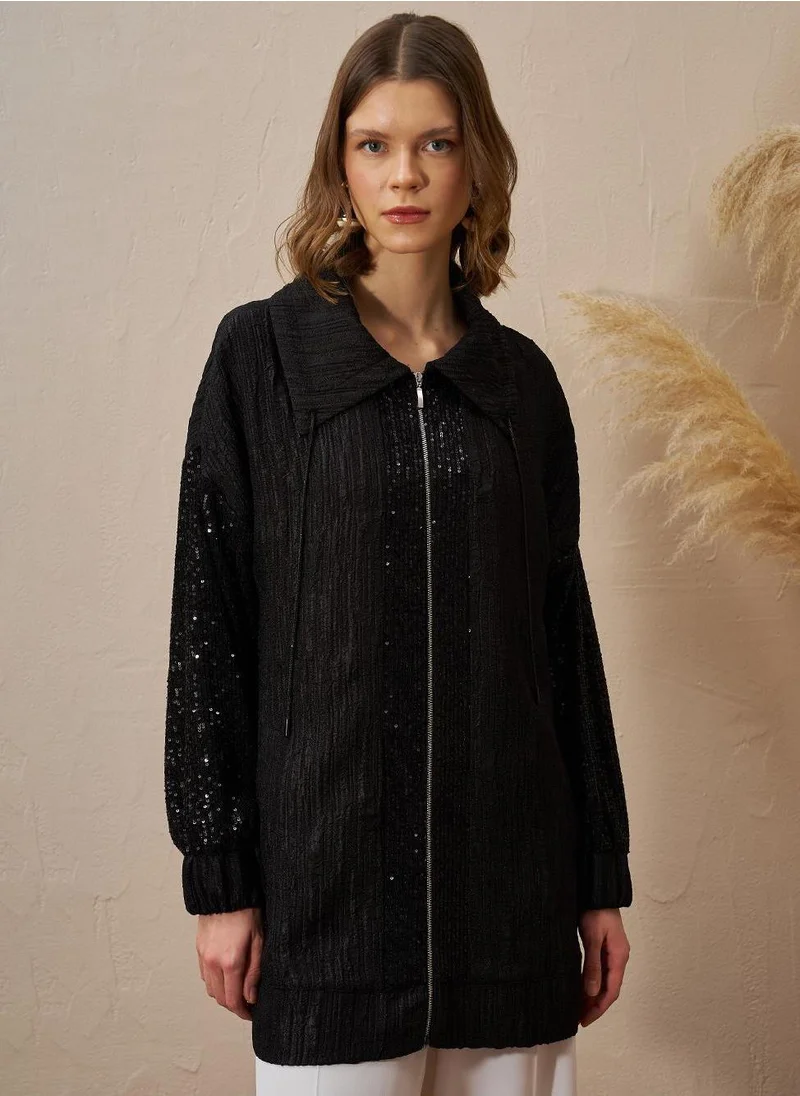 Kayra Sequin-Trimmed Jacquard Jacket Black