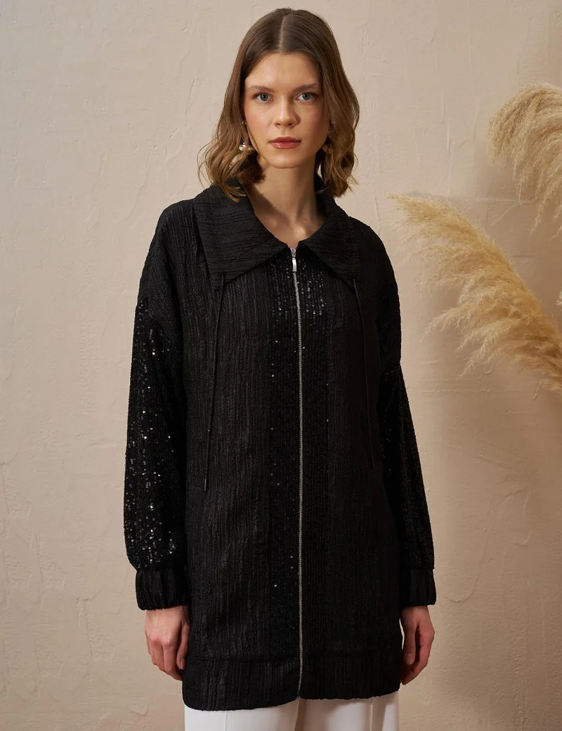 Kayra Sequin-Trimmed Jacquard Jacket Black