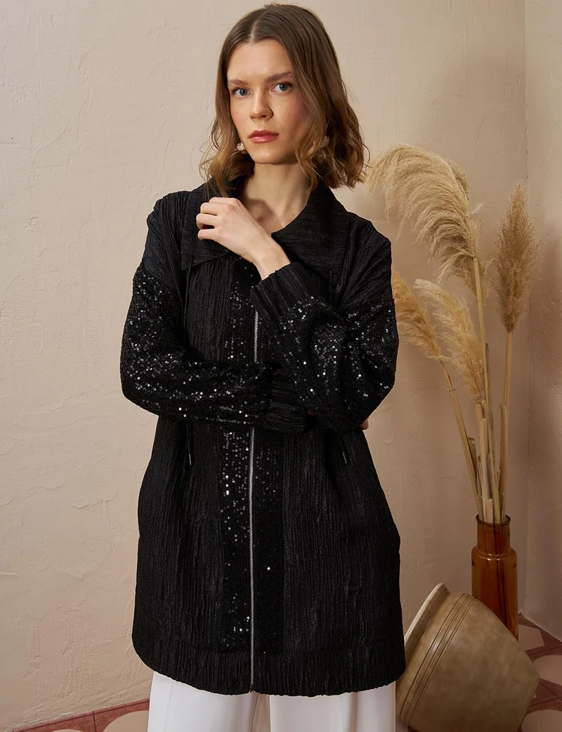 Kayra Sequin-Trimmed Jacquard Jacket Black
