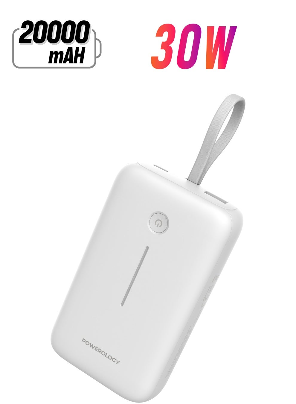 PD 30W 20000 mAh Power Bank / Type-C Port and USB-A Port / Built-in 30cm Type-C Cable / Advanced Charging Technology / Built-in Safeguards / 3 Device Charging / Detachable USB-C Wire / Compact and Portable - White
