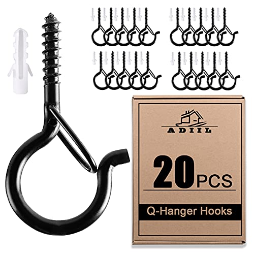ADIIL 20 PCS Q Hanger Hooks with Safety Buckle, Windproof Screw Hooks for Hanging Outdoor String Lights, Plants, Christmas Patio Lights, 2.2 Inches, Black - Image 1