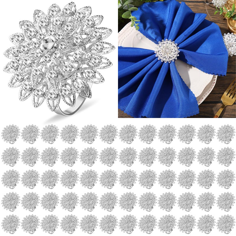 Geiserailie Geiserailie 6 Pcs Silver Napkin Rings Flower Crystal Bling Rhinestone Rings Floral Rhinestone Napkin Holders for Wedding Birthday Party Dinner Home Table Decoration 