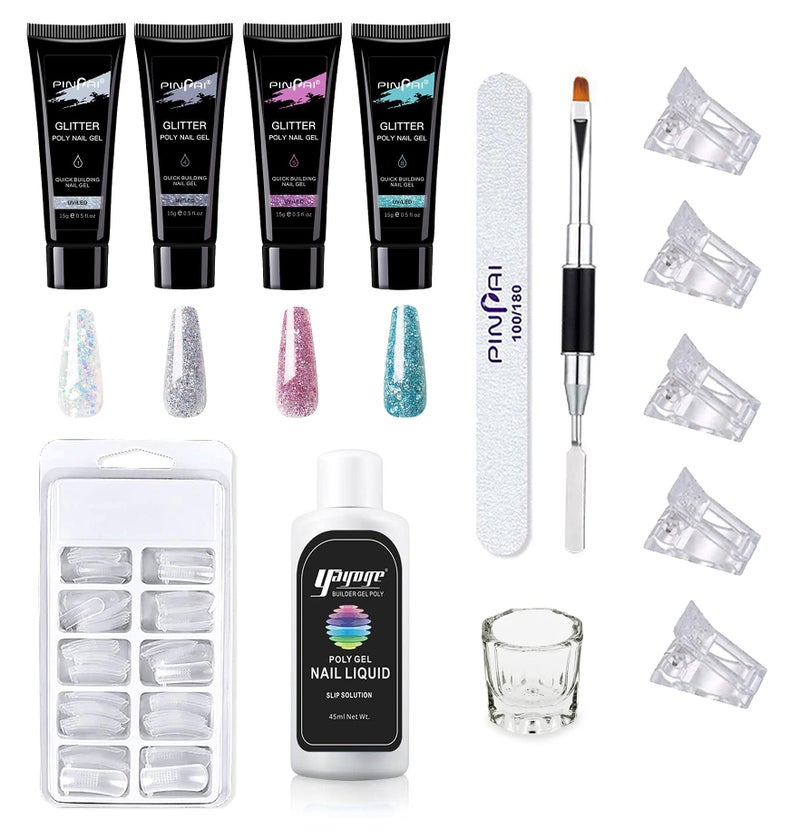 Pinpai Glitter Acrylic Gel Poly Nail Gel Nail Extension Set With 4 Tubes - Image 1