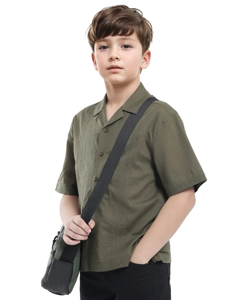 رير ونز Rare Ones Kids Kyte-S Olive Cotton Half Sleeve Solid Button Closure Regular Fit Shirt
