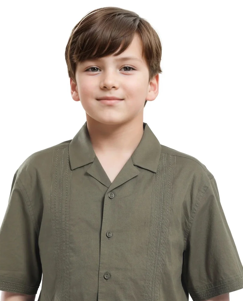 Rare Ones Rare Ones Kids Kyte-S Olive Cotton Half Sleeve Solid Button Closure Regular Fit Shirt