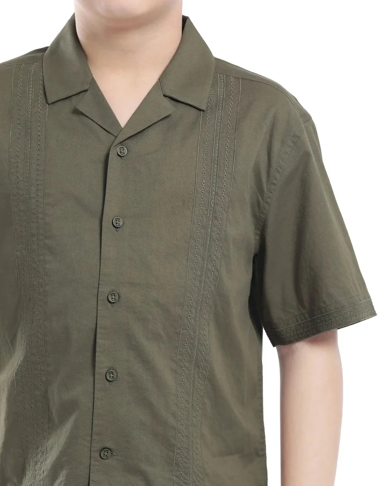 Rare Ones Rare Ones Kids Kyte-S Olive Cotton Half Sleeve Solid Button Closure Regular Fit Shirt
