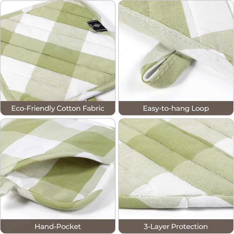 BONTHEE Cotton Pot Holders for Kitchen Heat Resistant Potholder Hot Pads Trivet Coaster Non-Slip Potholders Set for Cooking and Baking (2, Green Plaid, Square，8.27 in²) - Image 3