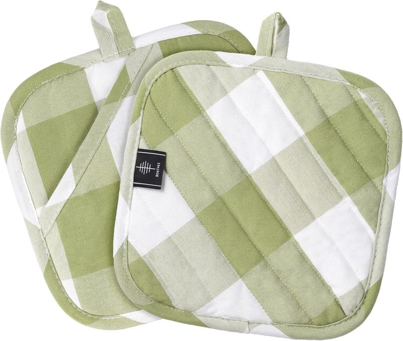 BONTHEE Cotton Pot Holders for Kitchen Heat Resistant Potholder Hot Pads Trivet Coaster Non-Slip Potholders Set for Cooking and Baking (2, Green Plaid, Square，8.27 in²) - Image 1