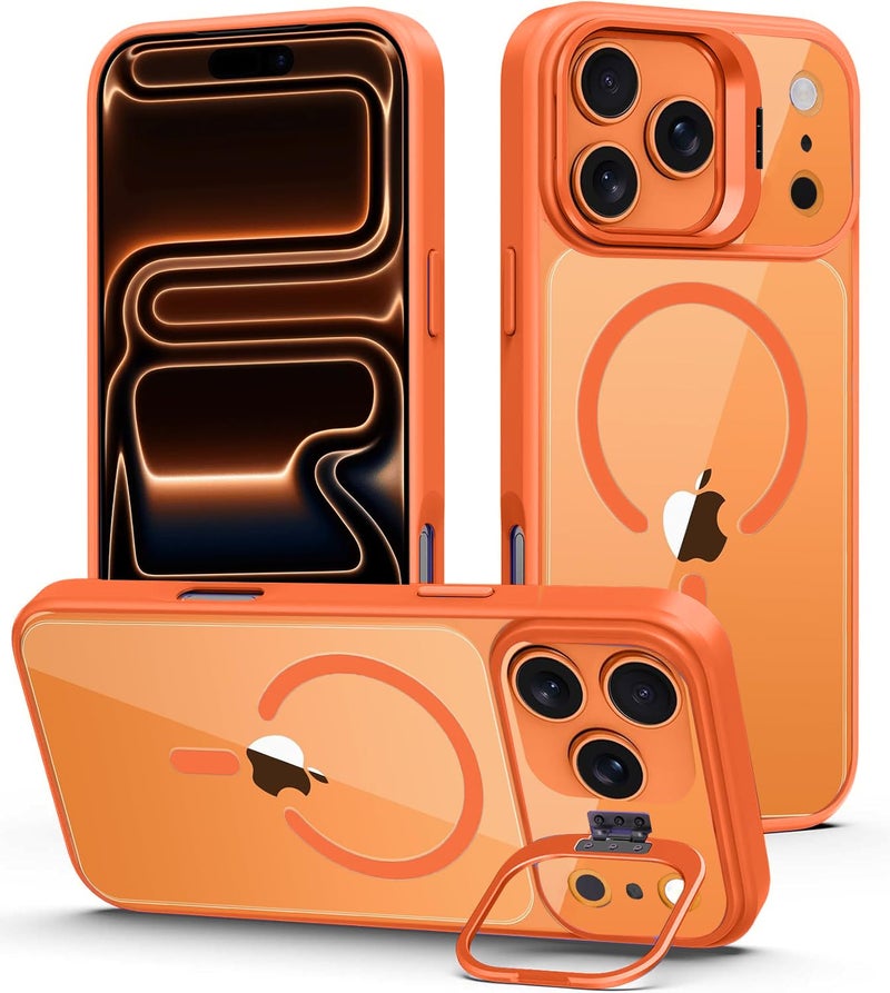 VONZEE Clear Camera Kickstand Case for iPhone 17 Pro Max, Built-in Adjustable Camera Stand, Clear Magnetic Mag-Safe Shockproof Classic Series Phone Cover (Cosmic Orange) - Image 1