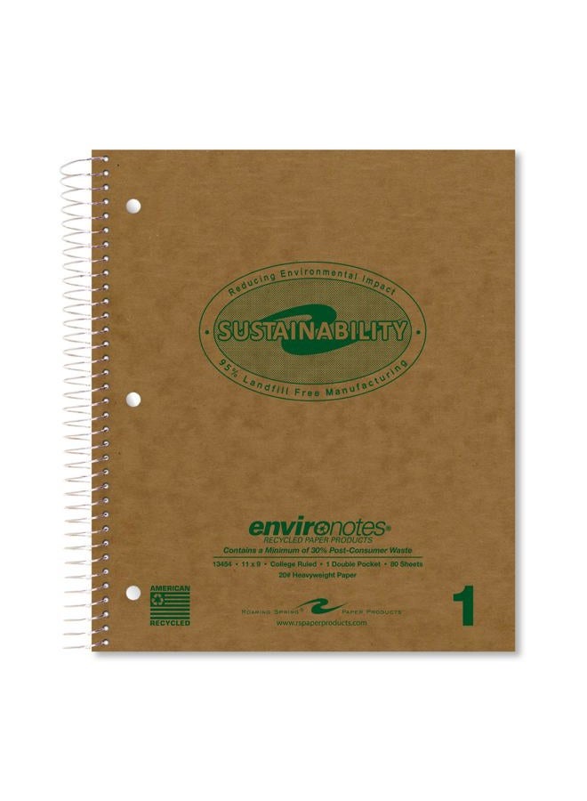 Roaring Spring Environotes Recycled Spiral One Subject Notebook, 11" x 9", 80 Sheets Heavy 20# White College Ruled Paper, Sustainable, Made in the USA, 3 Hole Punched, Perferated, Pockets - Image 1