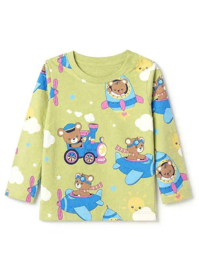 Babyhug Babyhug Cotton Knit Full Sleeves Pajama Night Suit with Bear & Vehicle Print - Green