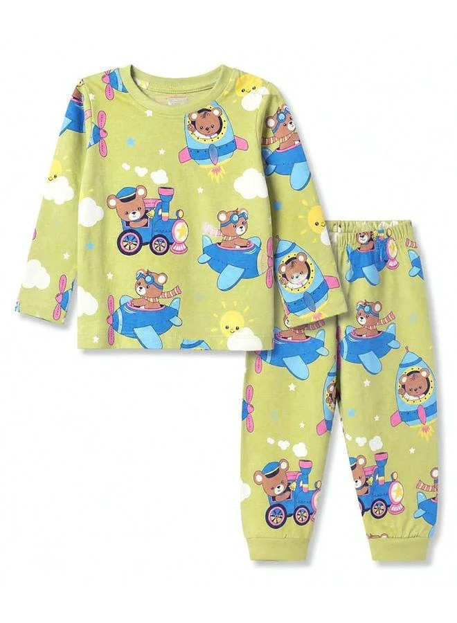 Babyhug Babyhug Cotton Knit Full Sleeves Pajama Night Suit with Bear & Vehicle Print - Green
