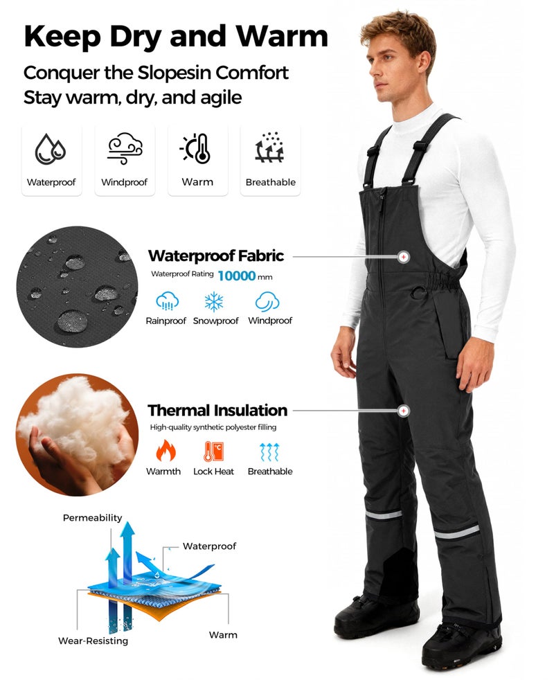 wantdo Men's Snow Ski Pants Bibs Overalls Waterproof Insulated Snowboard Pants Winter Warm Outdoor Hiking Pants Black Large - Image 4