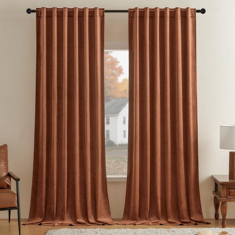 Timeper Small Window Velvet Curtains - Burnt Orange 63 Inches Soft Drapes For Bedroom/Living Room/Dining Trade Short Backdrop  Rod Pocket Back Tab  Burnt Orange  W52 X L63 Inches  2 Panels - Image 1