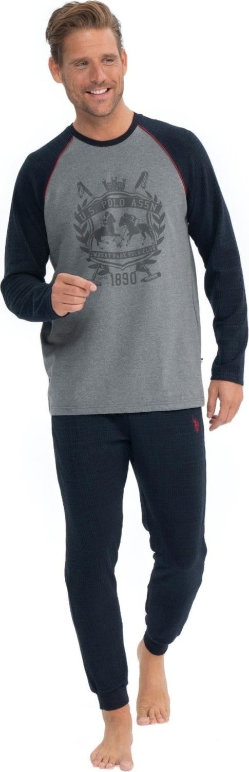 U.S. Polo Assn. 18823 Men's Navy Blue Long Sleeve Round Neck Jacquard Fabric Two Thread Tracksuit Set  - Image 1
