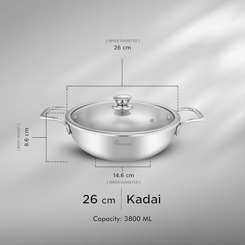 Punyami Triply Stainless Steel Kadai with Glass Lid, 26cm, 3.8 Litre Capacity | Kadhai for Deep Frying & Cooking | Induction Base, Riveted Handles, Chemical-Free & Non-Toxic | 5 Years Warranty - Image 3
