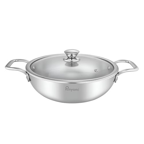 Punyami Triply Stainless Steel Kadai with Glass Lid, 26cm, 3.8 Litre Capacity | Kadhai for Deep Frying & Cooking | Induction Base, Riveted Handles, Chemical-Free & Non-Toxic | 5 Years Warranty - Image 1