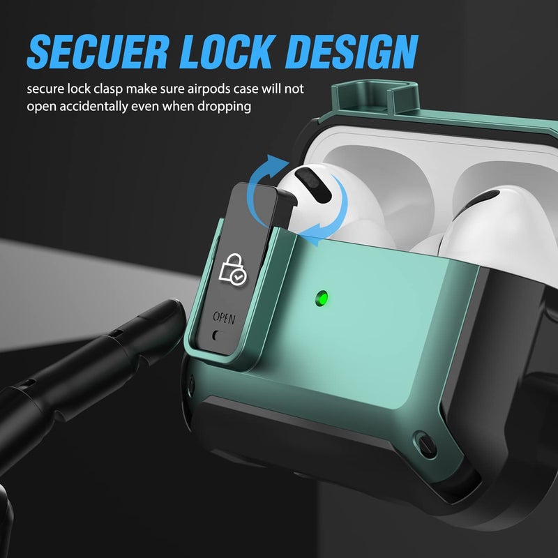 Valkit for Airpods Pro Case Cover with Lock, Military Armor Series Full-Body AirPod Pro Case with Keychain Cool Air Pod Pro Shockproof Protective Case for AirPods Pro 2019, Black/Green - Image 3