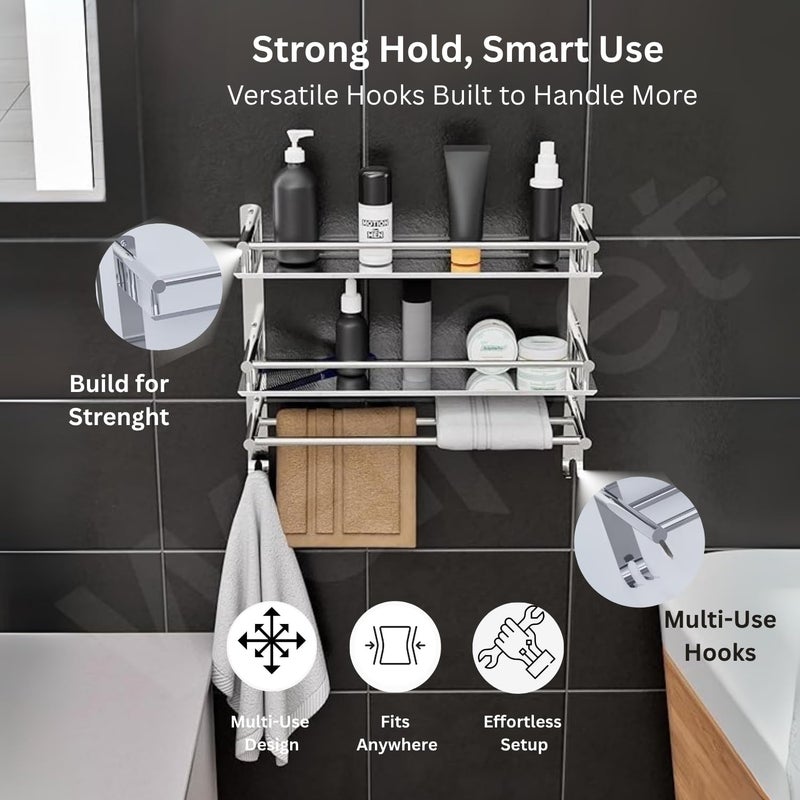 Well Set رف حائط حمام من الفولاذ المقاوم للصدأ ذو طبقتين | رف متعدد الاستخدامات 40×38×40 سم مع قضيب منشفة | منظم مثبت على الحائط خالي من الصدأ للشامبو والزجاجات واللوازم الشخصية (تشطيب مرآة، فضي، كبير) - Image 4