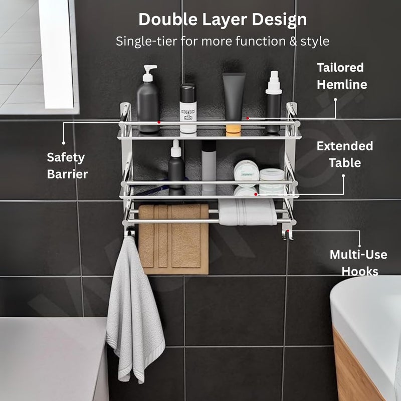 Well Set رف حائط حمام من الفولاذ المقاوم للصدأ ذو طبقتين | رف متعدد الاستخدامات 40×38×40 سم مع قضيب منشفة | منظم مثبت على الحائط خالي من الصدأ للشامبو والزجاجات واللوازم الشخصية (تشطيب مرآة، فضي، كبير) - Image 3