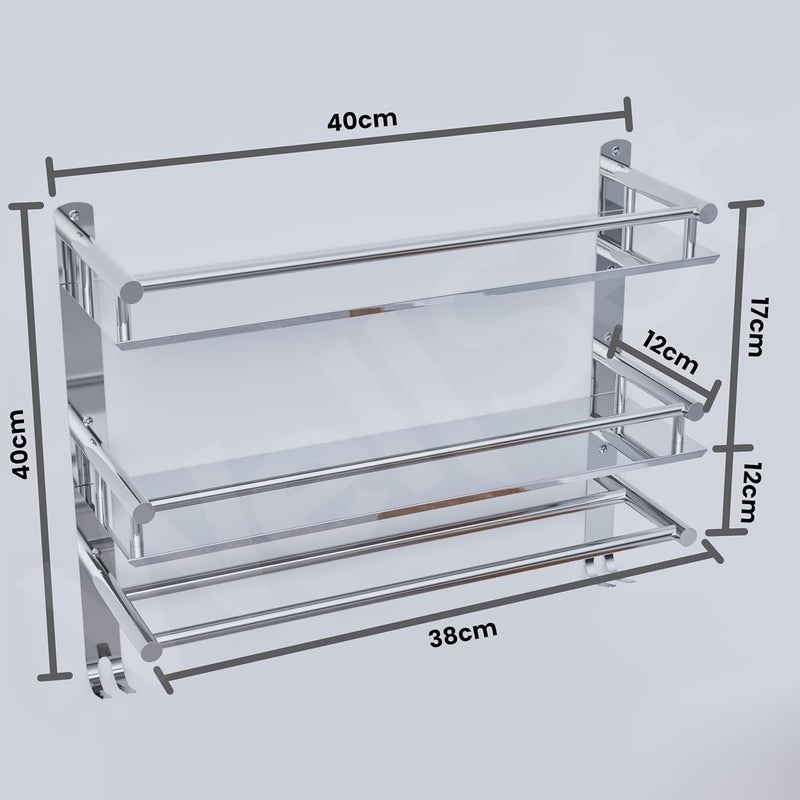 Well Set رف حائط حمام من الفولاذ المقاوم للصدأ ذو طبقتين | رف متعدد الاستخدامات 40×38×40 سم مع قضيب منشفة | منظم مثبت على الحائط خالي من الصدأ للشامبو والزجاجات واللوازم الشخصية (تشطيب مرآة، فضي، كبير) - Image 2