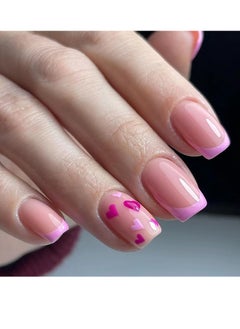French Tip Press on Nails, Pink French Red and Purple Love Nail Art, Short Trapezoid Fake Nails, 24Pcs Fake Acrylic Nails With Glue Kit
