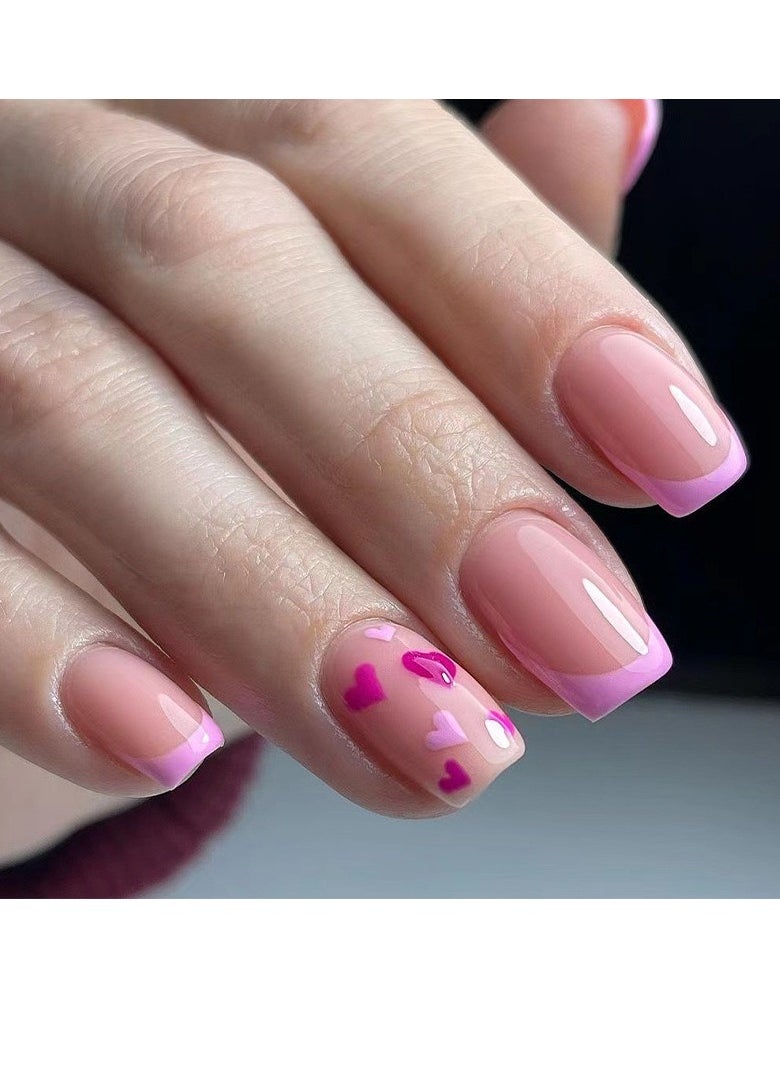 JOSQUEWNN - French Tip Press on Nails, Pink French Red and Purple Love Nail Art, Short Trapezoid Fake Nails, 24Pcs Fake Acrylic Nails With Glue Kit - Image 1