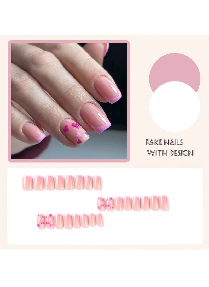 JOSQUEWNN - French Tip Press on Nails, Pink French Red and Purple Love Nail Art, Short Trapezoid Fake Nails, 24Pcs Fake Acrylic Nails With Glue Kit - Image 1