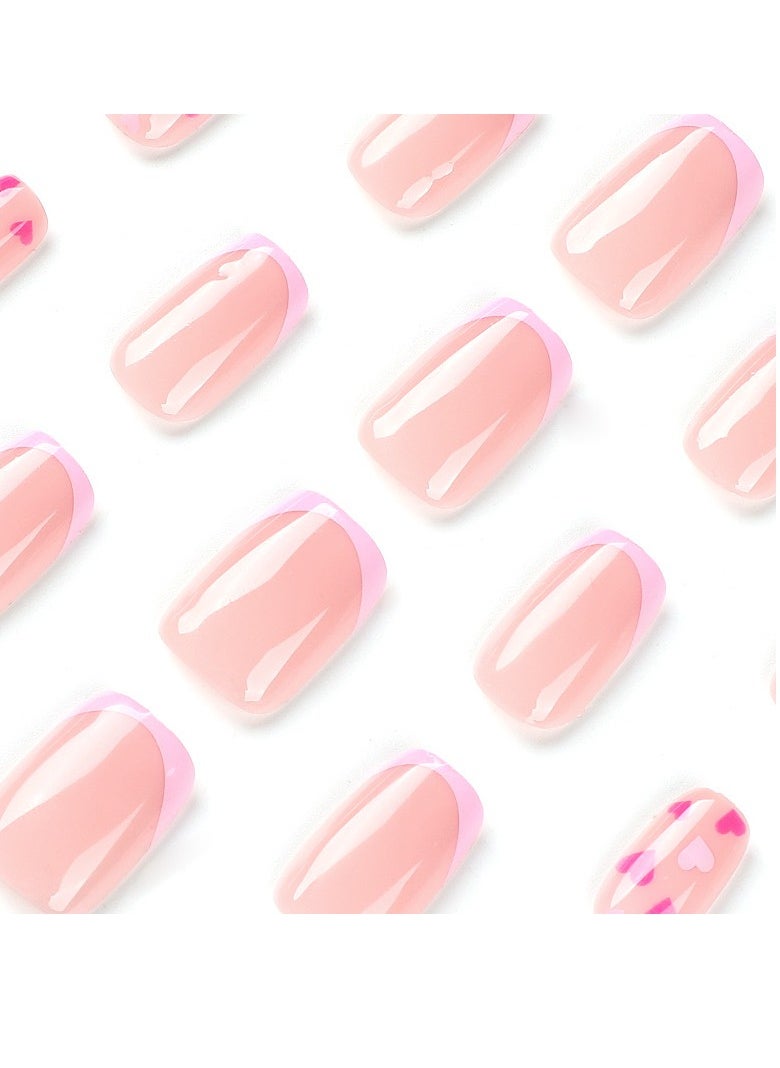 JOSQUEWNN - French Tip Press on Nails, Pink French Red and Purple Love Nail Art, Short Trapezoid Fake Nails, 24Pcs Fake Acrylic Nails With Glue Kit - Image 1
