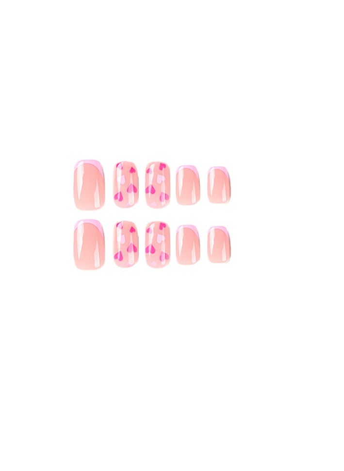 JOSQUEWNN - French Tip Press on Nails, Pink French Red and Purple Love Nail Art, Short Trapezoid Fake Nails, 24Pcs Fake Acrylic Nails With Glue Kit - Image 1