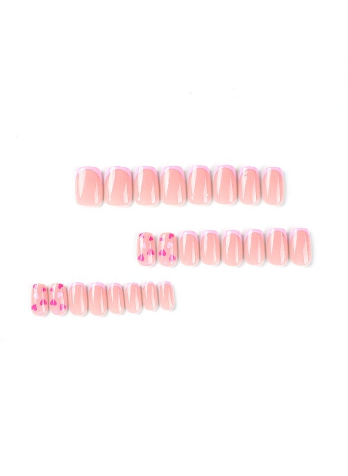 JOSQUEWNN - French Tip Press on Nails, Pink French Red and Purple Love Nail Art, Short Trapezoid Fake Nails, 24Pcs Fake Acrylic Nails With Glue Kit - Image 1