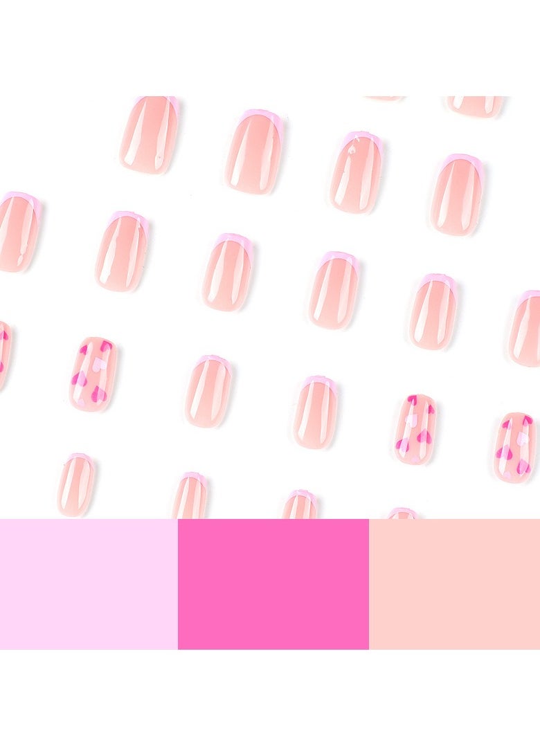 JOSQUEWNN - French Tip Press on Nails, Pink French Red and Purple Love Nail Art, Short Trapezoid Fake Nails, 24Pcs Fake Acrylic Nails With Glue Kit - Image 1