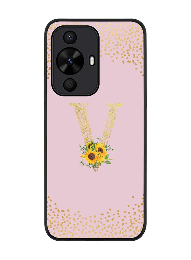Stylizedd Rugged Black edge case for Huawei nova 12s / Huawei nova 11/ Huawei nova 12 Lite 4G,Custom Monogram Initial Letter Floral Pattern Alphabet - V (Pink) - Image 1