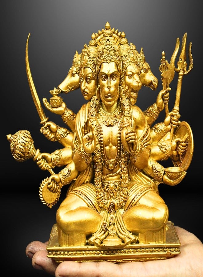 NEEANN Panchmukhi Hanuman Idol - 6 Inches Polystone Statue - Brass, Copper, Orange & Antique Silver Finish - Vastu Decorative Hanuman Murti for Home & Office Decor (Brass Colour) - Image 3