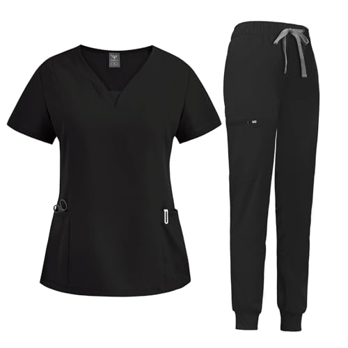 niaahinn Scrub Suit Set for Women Modern V-neck Top & Tapered Leg Jogger Pants with Drawstring Medical Nursing Uniforms Set (Black, XS) - Image 1