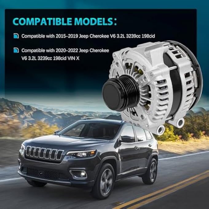 CNYGO P56029740AA Alternator Compatible with Jeep Cherokee 2015 2016 2017 2018 2019 2020 2021 2022 V6 3.2L 12V 180A High Output 6-Groove Decoupler Pulley Clockwise 11749N 90295915 421007150 TN4210007150 - Image 2