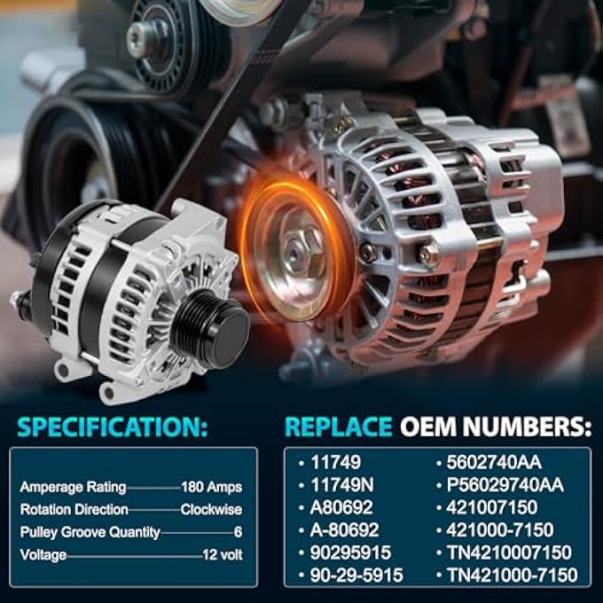 CNYGO P56029740AA Alternator Compatible with Jeep Cherokee 2015 2016 2017 2018 2019 2020 2021 2022 V6 3.2L 12V 180A High Output 6-Groove Decoupler Pulley Clockwise 11749N 90295915 421007150 TN4210007150 - Image 3